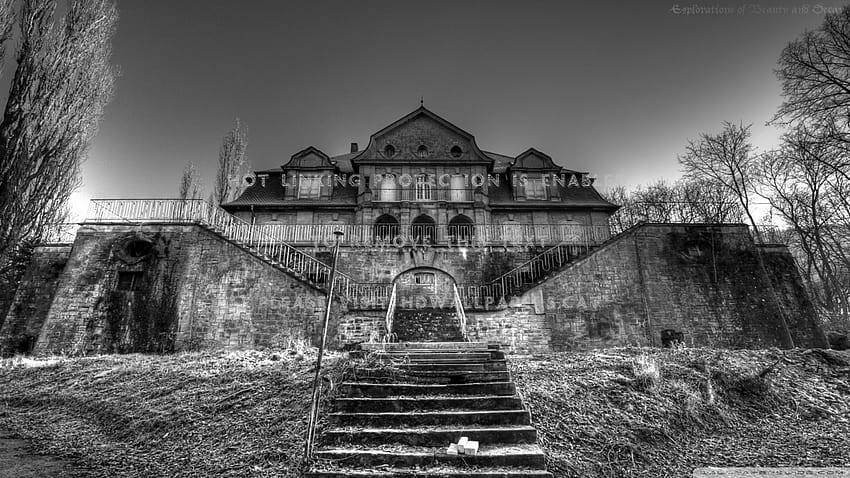 mansão velha assustadora abandonada preto branco papel de parede HD