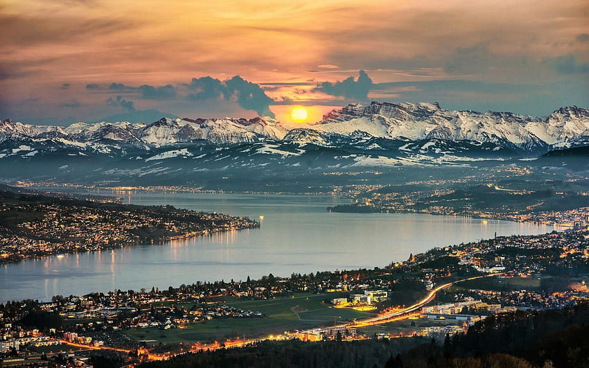 nature, landscape, lake, Zurich, Switzerland, mountain, snowy peak HD wallpaper