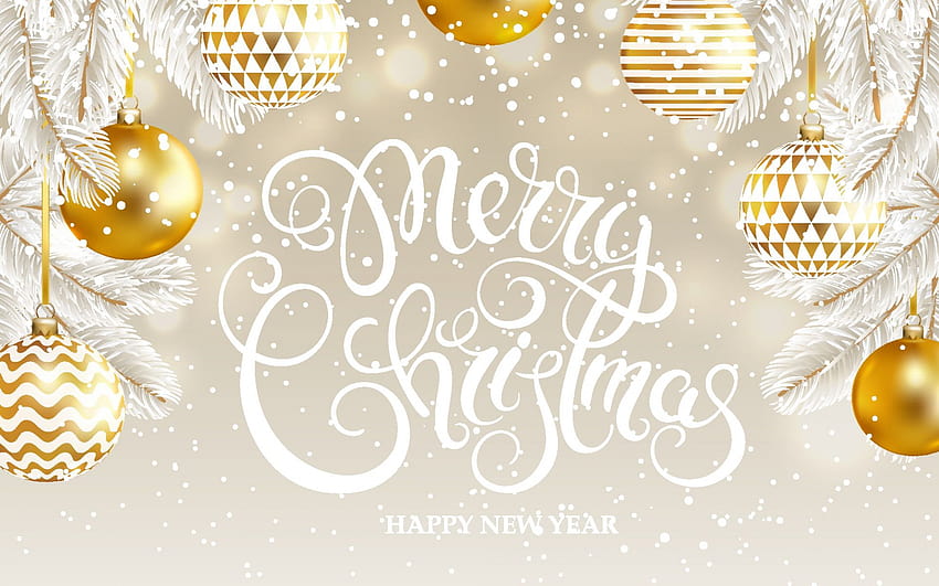 Buon Natale, chiaro, palle di Natale dorate, inverno, albero bianco, Capodanno 2019 con risoluzione 1920x1200. Alta qualità, oro e bianco natale Sfondo HD