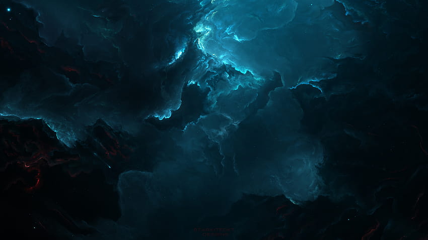 2219 Espacio Arte digital oscuro Starkiteckt Arte espacial Nebulosa Cian, cian oscuro fondo de pantalla