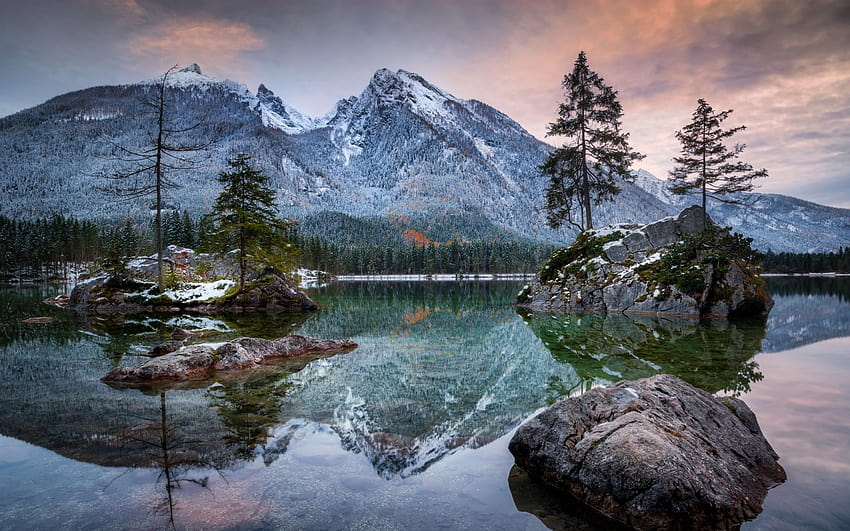 Bayern, Hintersee, lac, montagnes, alpes, arbres, pierres, crépuscule, Allemagne 2880x1800 , lac hintersee allemagne Fond d'écran HD
