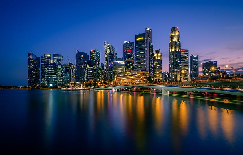 noc, światła, Singapur, panoramę, Singapur, Marina Bay, Merlion Park, sekcja город Tapeta HD