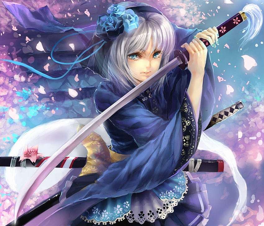 Touhou, blue eyes, katana, samurai, weapons, Konpaku Youmu, short, white katana sword HD wallpaper