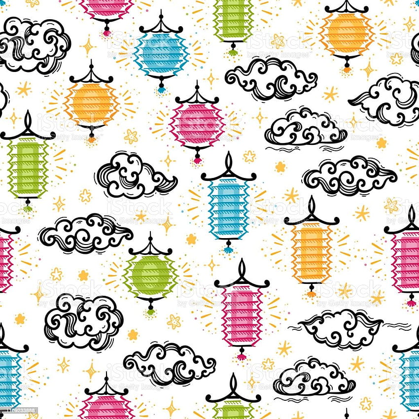 Glowing Fairy Lights Clouds And Stars Seamless Pattern Festive Backgrounds With Traditional Chinese Paper Lanterns For Design Chinese New Year Mid Autumn Festival And Others Holiday Stock Illustration HD phone wallpaper