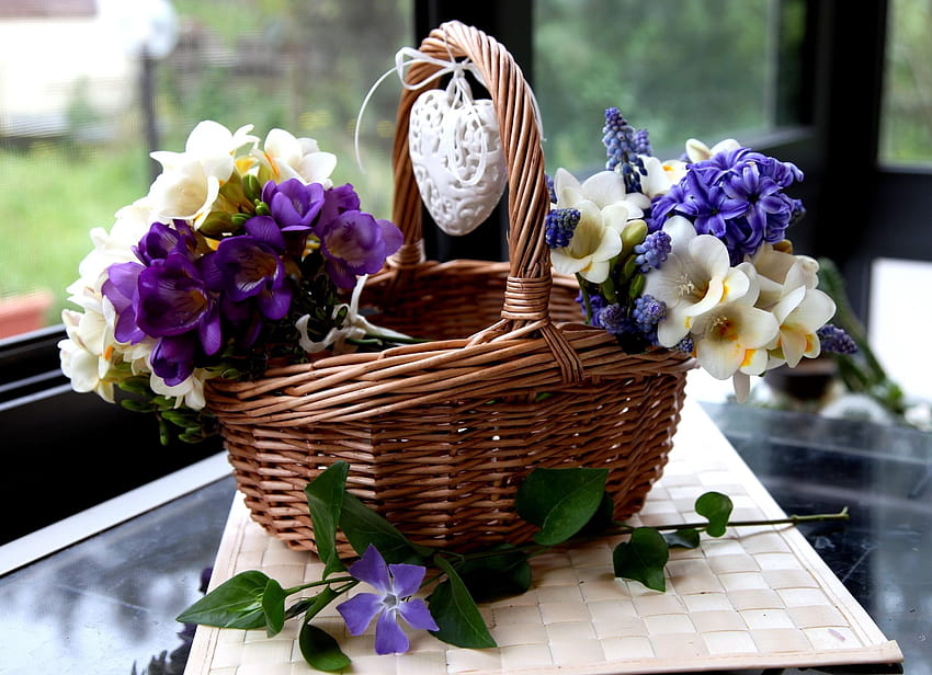 : sia, Muscari, Hyacinth, Periwinkle, Flowers, Basket, basket of lavender HD wallpaper