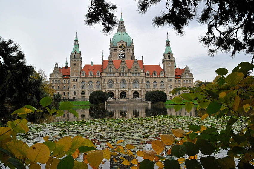 new town hall, park, Hanover, Germany, pond, landscape, hannover HD wallpaper