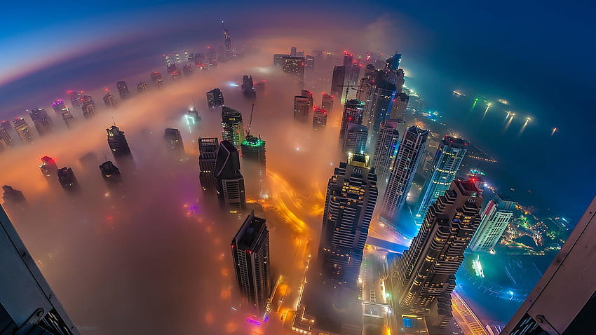 arquitectura, ciudad, paisaje urbano, niebla, Emiratos Árabes Unidos, Dubai, calle, vista panorámica, luces, noche, rascacielos, edificio ::, ojo de pájaro fondo de pantalla