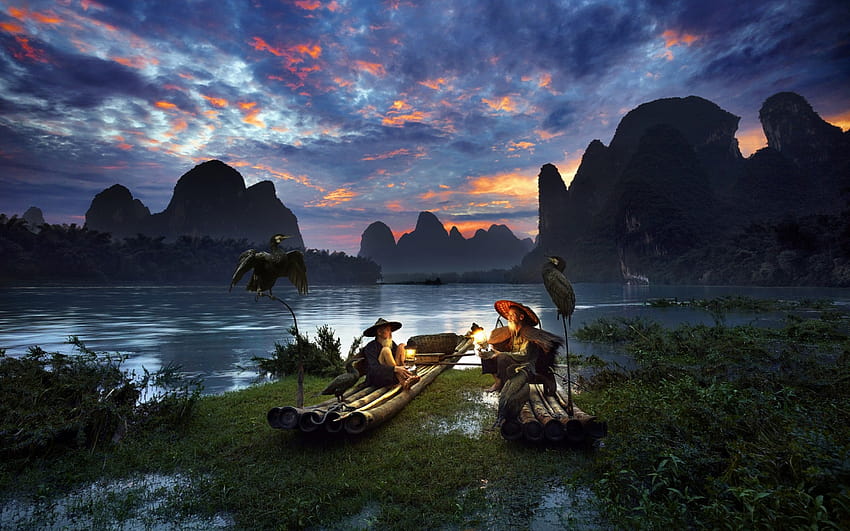 1440x900 guilin, men, fisher, china, landscape, nature, mountain, sky, river, clouds, boat, bird HD wallpaper