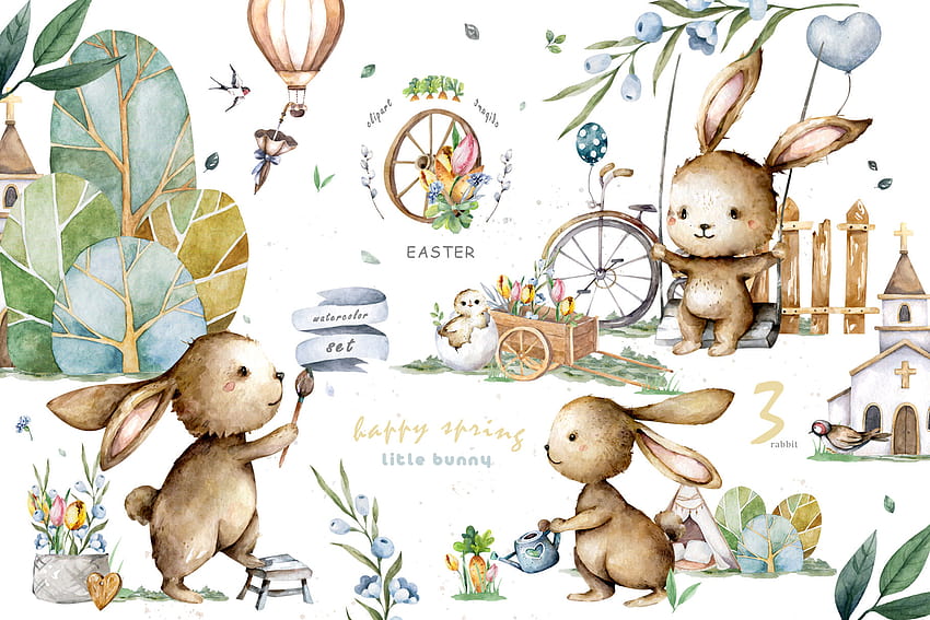 Happy Easter Spring Watercolor Set かわいいウサギ Ann Art House作、イースター春の水彩画 高画質の壁紙