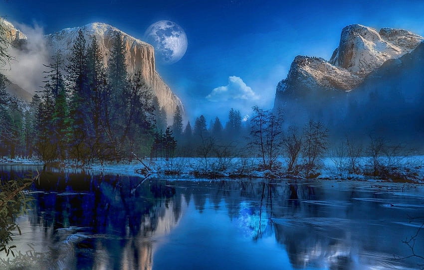 winter, mountains, lake, the moon, ice , section пейзажи, winter mountain lake HD wallpaper