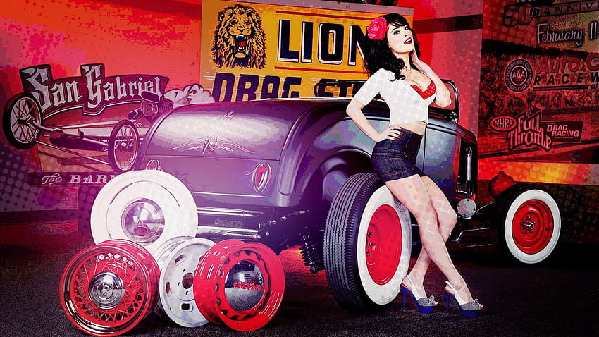 Lion San Gabriel , Digital Art, Vintage, Brunette, Old Car • For You HD wallpaper