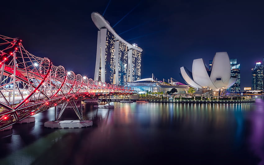 Singapore, Helix Bridge, pedonale, marina bay night singapore Sfondo HD