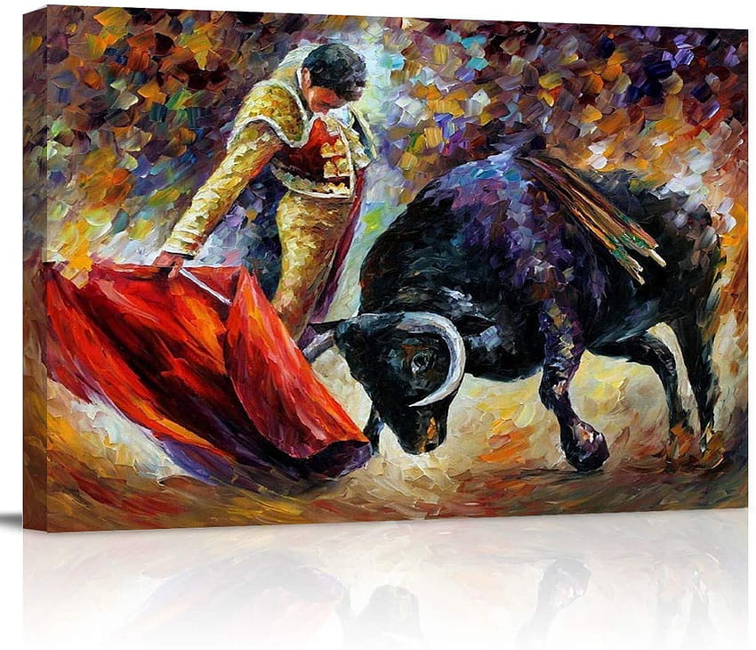 applebless Canvas Oil Painting Spanish Bullfighter and Bull Wall Art Compete Sports Red Cloth Prints for Living Room Home Decor, Ready to Hang HD wallpaper