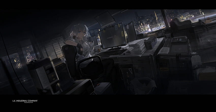 : window, city, night, white hair, anime girls, blue eyes, glasses, sitting, pantyhose, gloves, shirt, drink, office, skirt, original characters, twintails, paper, midnight, darkness, screenshot, computer , pc game 2300x1200, anime office HD wallpaper