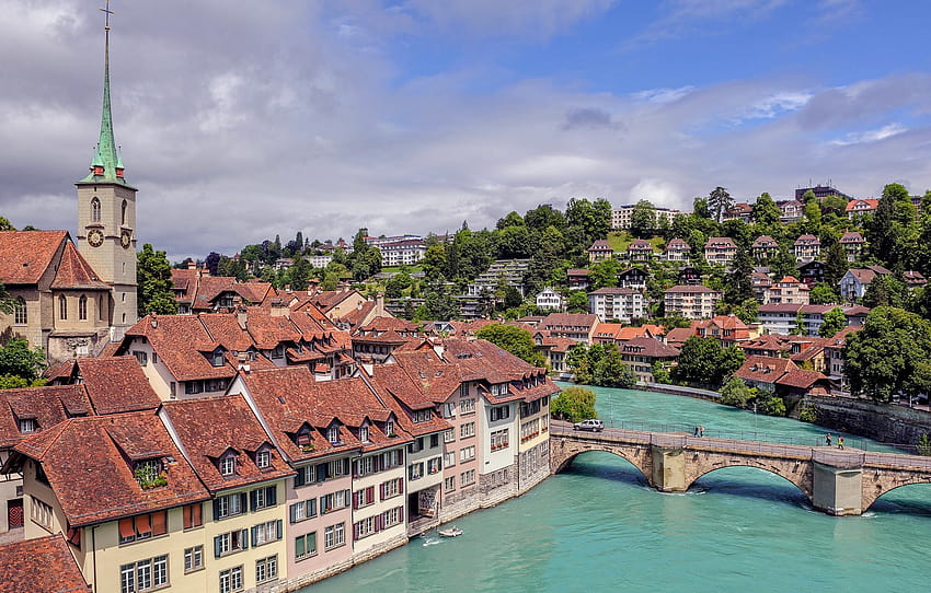 puente, río, edificio, Suiza, Berna, Berna, río Aare, río Aare, sección город, Berna, Suiza fondo de pantalla