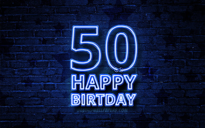 Happy 50 Years Birtay, blue neon text, 50th Birtay Party, blue brickwall, Happy 50th birtay, Birtay concept, Birtay Party, 50th Birtay with resolution 3840x2400. High Quality HD wallpaper
