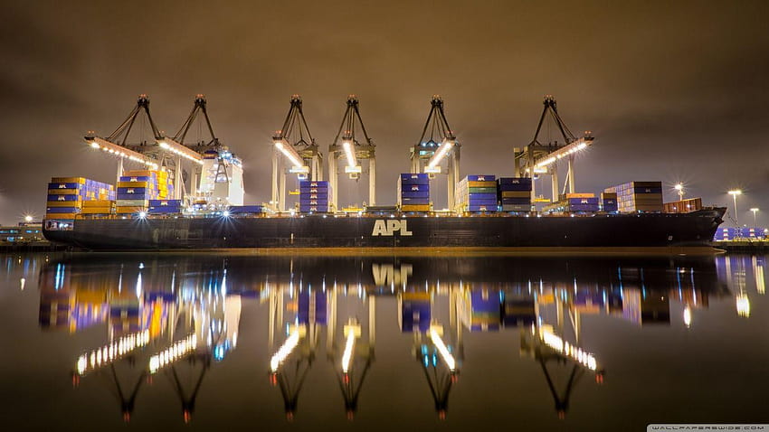 12 Cranes And A Ship APL Washington, vessel HD wallpaper