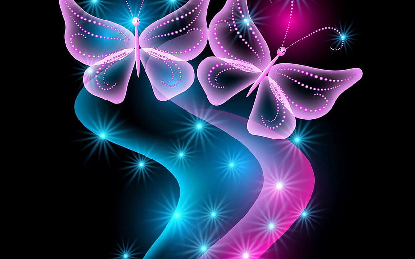 3d неон абстрактно неоново синьо сияние искрящи розови пеперуди пеперуда, неоново розово HD тапет