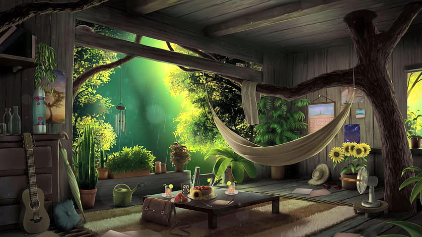 Chuva de verão na casa da árvore de madeira ao vivo, casa de verão papel de parede HD
