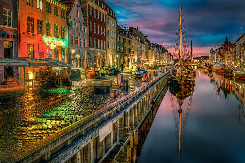 Denmark Copenhagen Rivers night time Cities Building HD wallpaper
