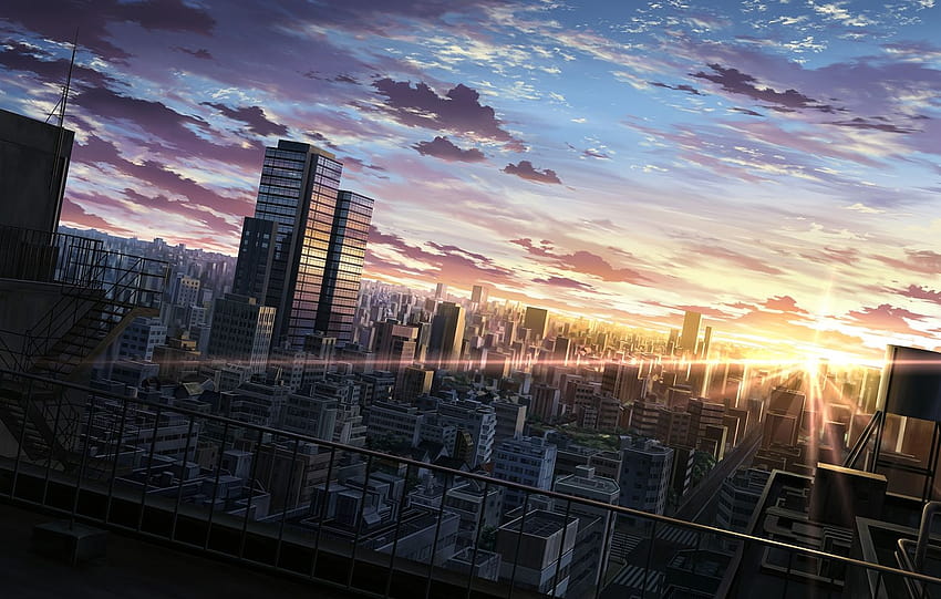 building city clouds ichimiya, anime scenery roof top HD wallpaper