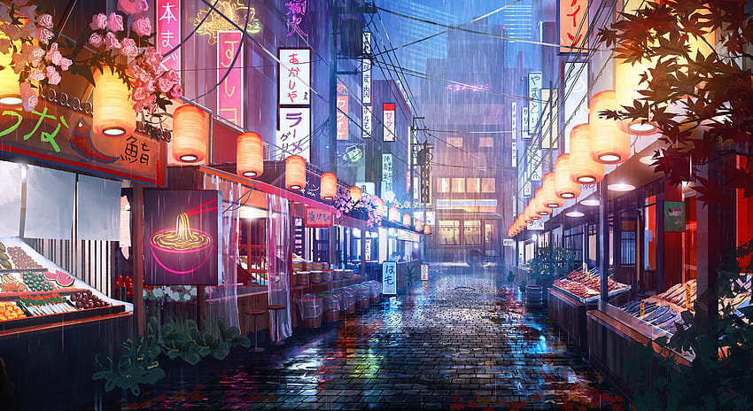 Digital Art Japanese Art Night Street Rain Market Surendra Rajawat, japanese digital art HD wallpaper