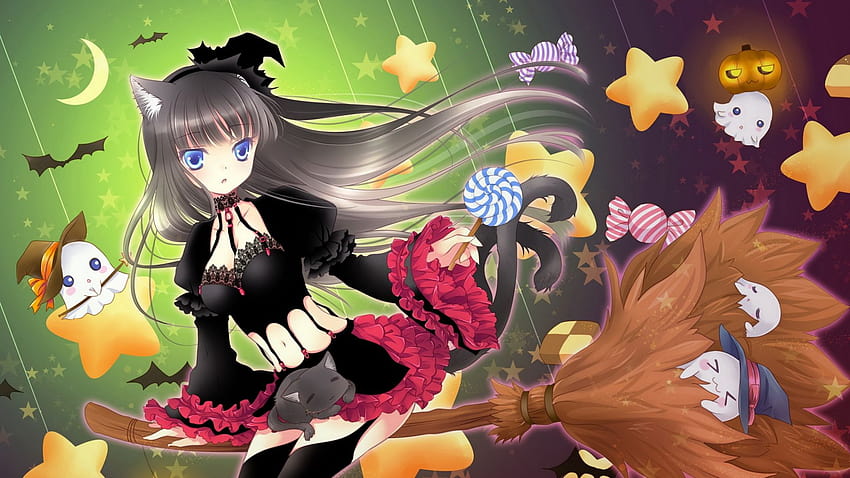 1920x1080 girl, broom, flying, holiday, witch, cat Full Backgrounds, halloween anime cats HD wallpaper