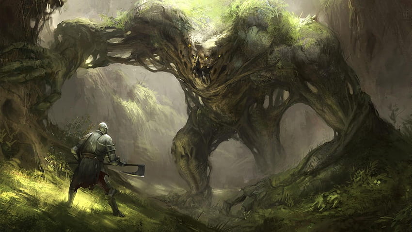 1920x1080 Living Tree, Man, Axe, Forest, Fantasy Creature, forest fantasy fondo de pantalla