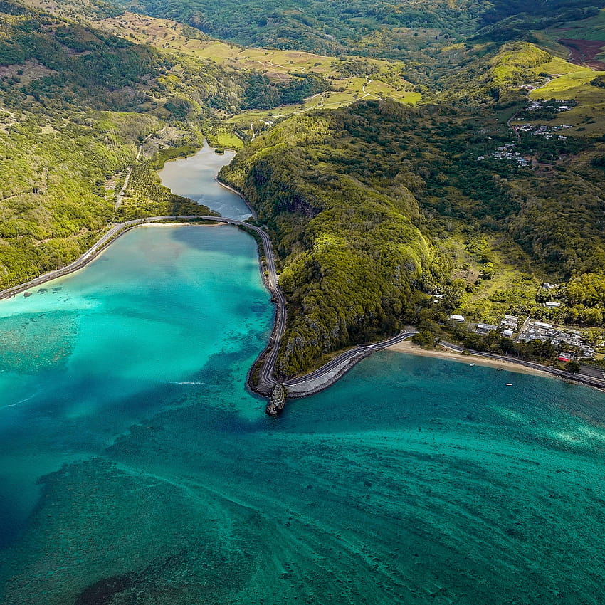 2780x2780 island, aerial view, ocean, coast, mauritius island HD phone wallpaper
