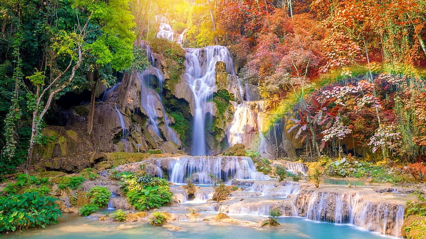 : waterfall, nature, body of water, huay mae khamin, water cascades in paradise HD wallpaper