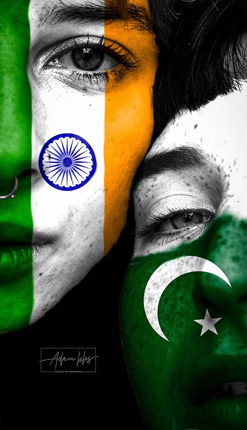 Drapeau du Pakistan et de l'Inde sur le visage des filles, l'Inde contre le Pakistan Fond d'écran de téléphone HD