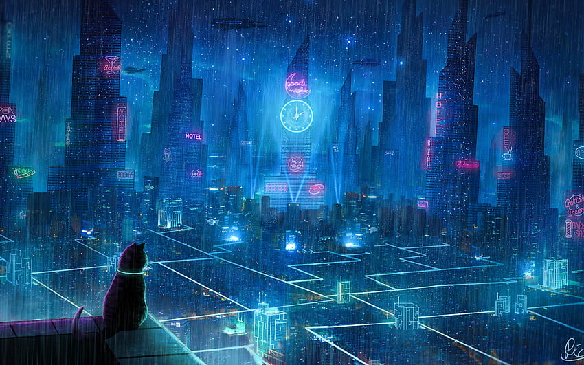 Chat Pluie Rêve Cyberpunk City, cyber anime Fond d'écran HD