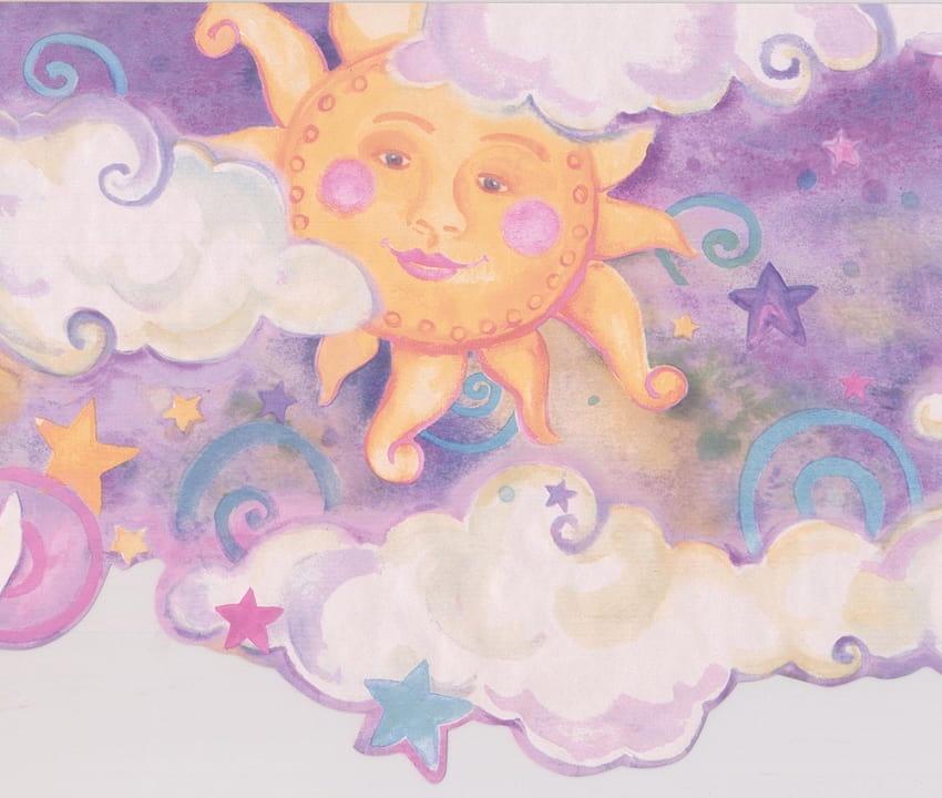 Uśmiechnięte słońce, księżyc, fioletowe chmury, gwiazdy, dzieci, granica, retro design, rolka 15 'x 10 Tapeta HD