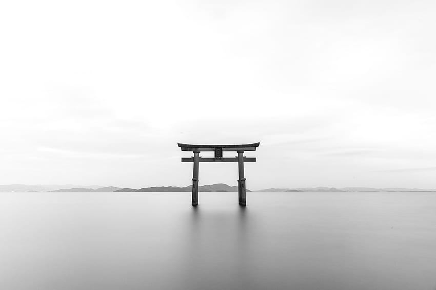 : 도리이, 성문, 호수, 흑백, 그라피, 일본, 장시간 노출 HD 월페이퍼