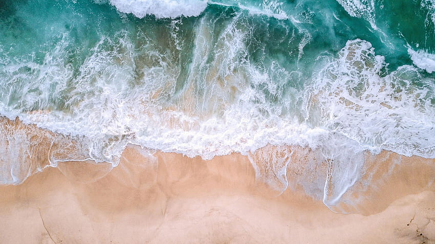 aerial view, sea waves, beach, green white HD wallpaper