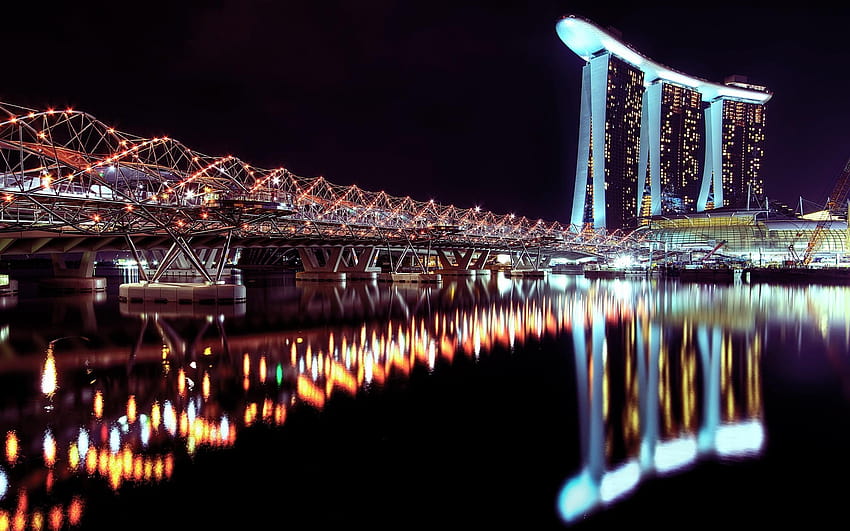 Helix Bridge at night time, lights, Marina Bay, Singapore, marina bay sands night HD wallpaper