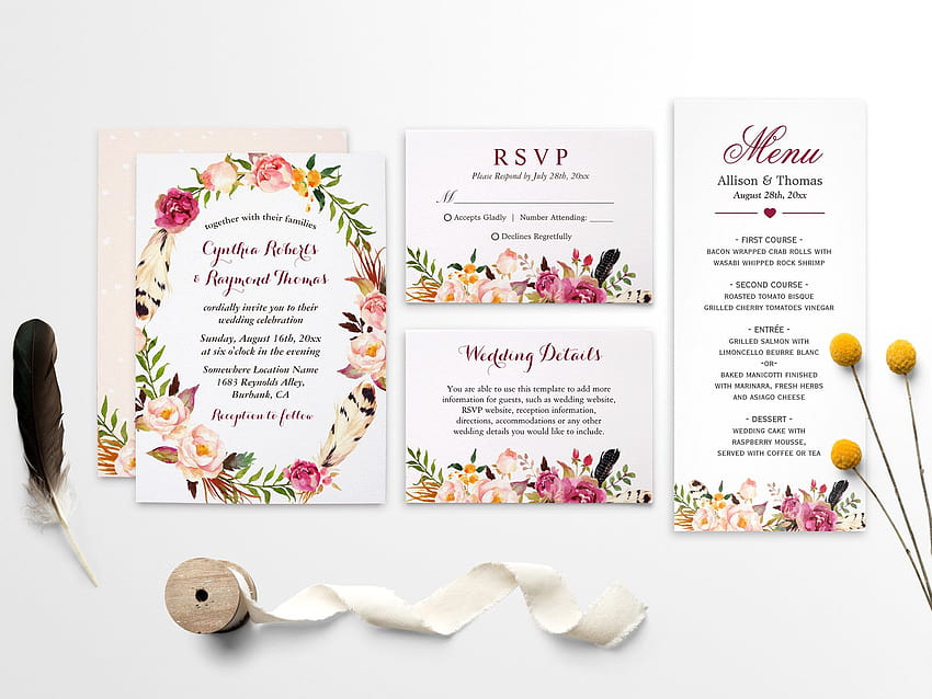 Modern Watercolor Boho Floral Wedding Invitation Suite, boho floral wreath HD wallpaper