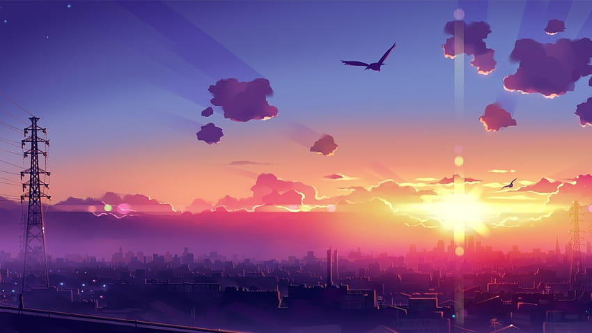 : sunlight, drawing, colorful, sunset, cityscape, anime, reflection, sky, sunrise, evening, morning, horizon, atmosphere, dusk, dawn, atmospheric phenomenon, computer , afterglow 1366x768, sunset drawing HD wallpaper