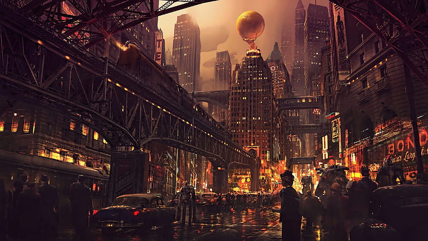 밤의 미래 도시 공상 과학 컨셉 아트 The Boulevard retro science fic…, retro sci fi art HD 월페이퍼