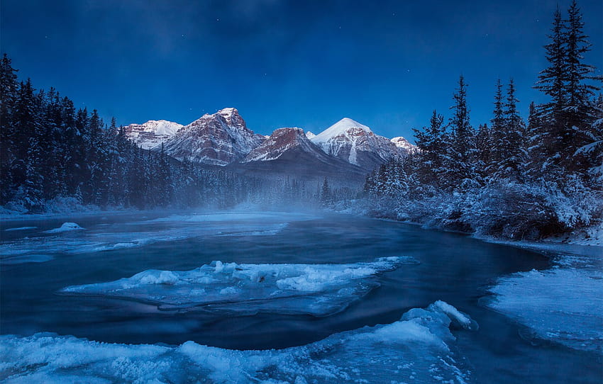 invierno, bosque, nieve, montañas, noche, río, hielo, Canadá, Albert, sección природа, noche de montañas de invierno fondo de pantalla