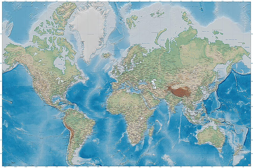 Large – World Map – Decoration Miller Projection Plastically Relief Design Earth Atlas Globe Continents Decor Wall Mural, globe map HD wallpaper
