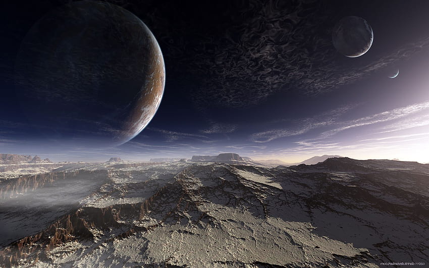 Außerirdischer Planet des Berghimmels die Oberfläche des Planeten Terraspace, außerirdische Planetenoberfläche HD-Hintergrundbild