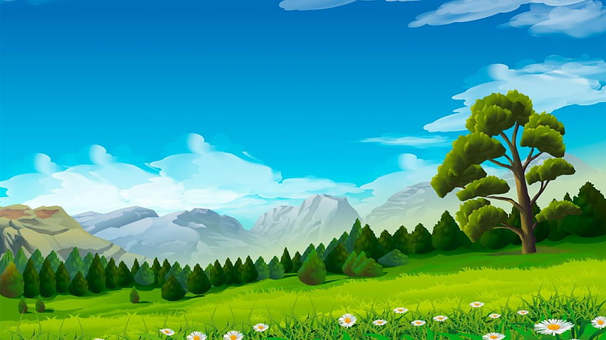 Trees chamomile grass mountains vector, mountain vector HD wallpaper