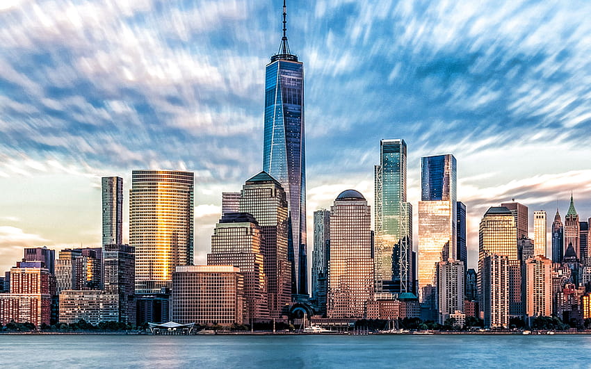 One World Trade Center, One WTC, dom Tower, Манхатън, Ню Йорк Сити, небостъргачи, панорама, силует на Ню Йорк, градски пейзаж на Ню Йорк, Ню Йорк, САЩ с резолюция 2880x1800. Високо качество HD тапет