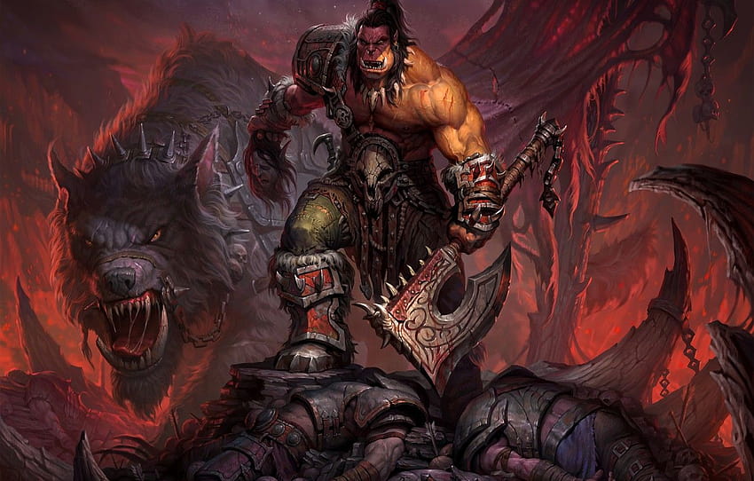 wilk, wojownik, World of Warcraft, topór, łańcuch, Warcraft, Ork, wow, Warlords of Draenor, Grommash Hellscream , sekcja игры, wilk wojownik Tapeta HD