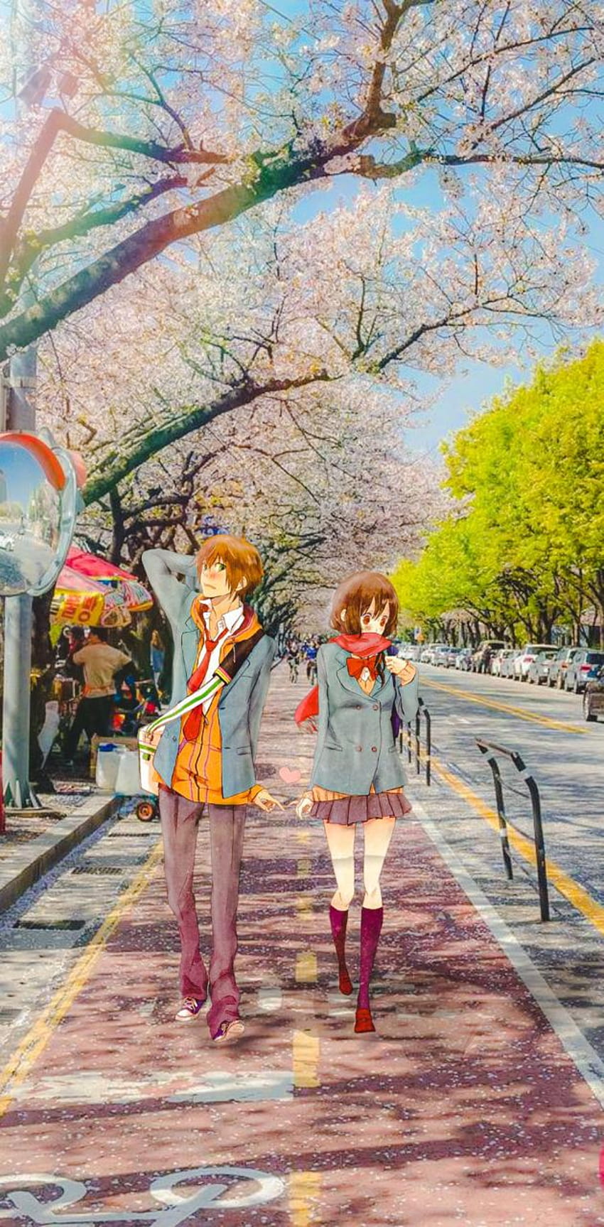 Anime couple by Berlinxop, anime spring season street HD phone wallpaper