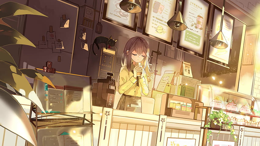 Anime Girl Coffee Shop Live, café anime girl, Fondo de pantalla HD