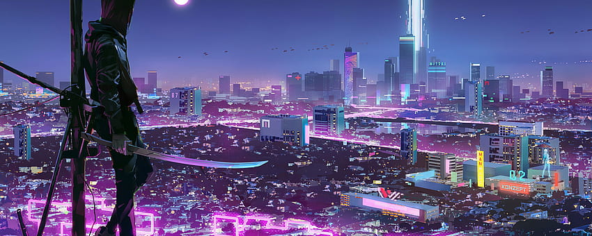 Neon Lights Cyber Ninja Boy, purple ninja HD wallpaper