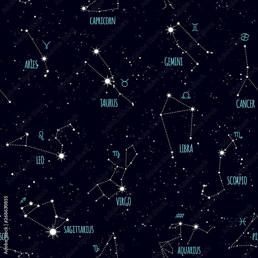 Wzór zodiaku, przestrzeń, konstelacje gwiazd, symbole horoskopu. Tekstura, tkanina, zawijanie, tła strony internetowej, ilustracja wektorowa Stock Vector Tapeta na telefon HD