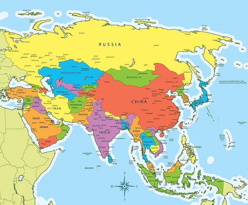 Azja mapa krajów i kalkomania ścienna, mapa polityczna Azji Tapeta HD